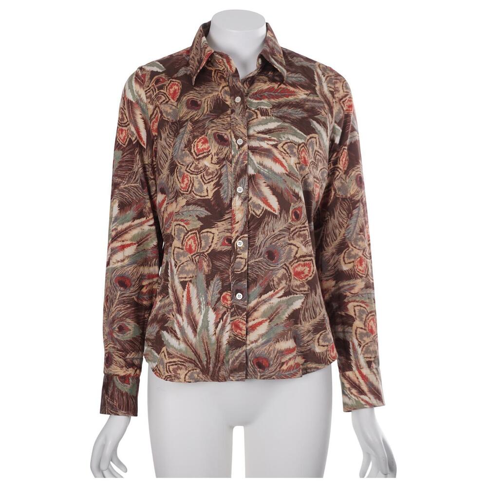 Lauren Ralph Lauren Top PM Brown Feather Print Cotton Long Sleeve Button Down